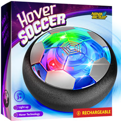Ninja Blast hover soccer ball on floor with smooth indoor glide for kids.