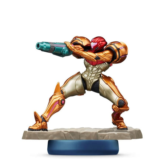 Nintendo Samus amiibo back view; enhances play with new modes in supported games.