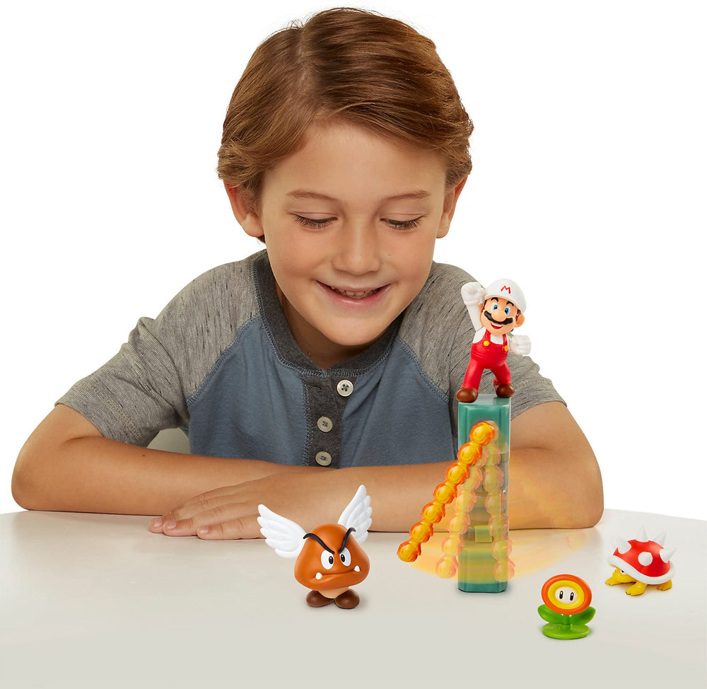 Nintendo Super Mario lava castle Fireball tower with spinning projectiles in action.