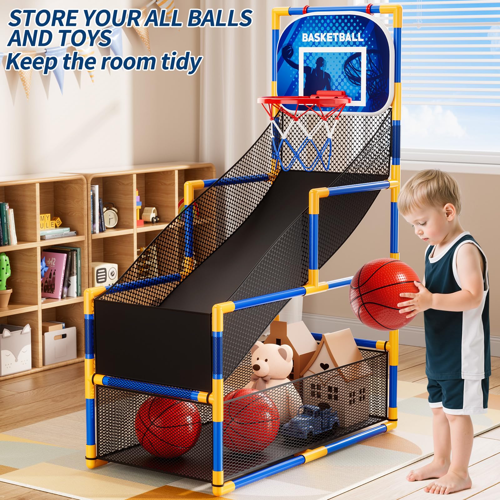 NIPLOOOW Arcade Basketball Set shows four balls and pump for quick setup.