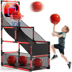 NIPLOOOW arcade basketball hoop setup shows adjustable height for growing players.