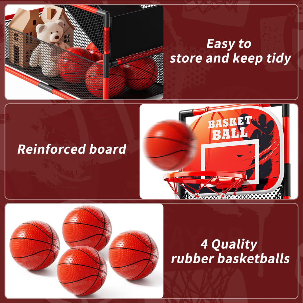 NIPLOOOW arcade basketball storage compartment keeps toys neatly tucked away.