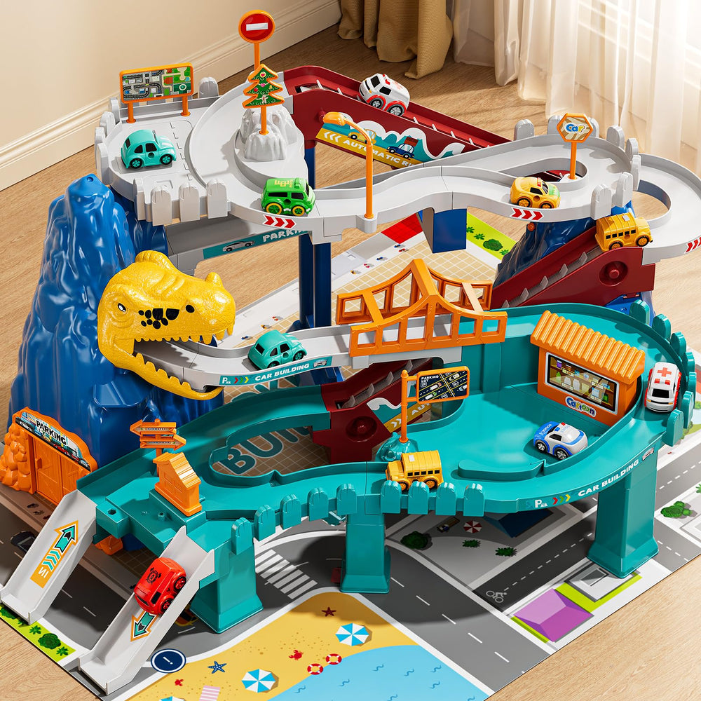 NIPLOOOW dinosaur track playset main view showing colorful layout and ramps for imaginative racing