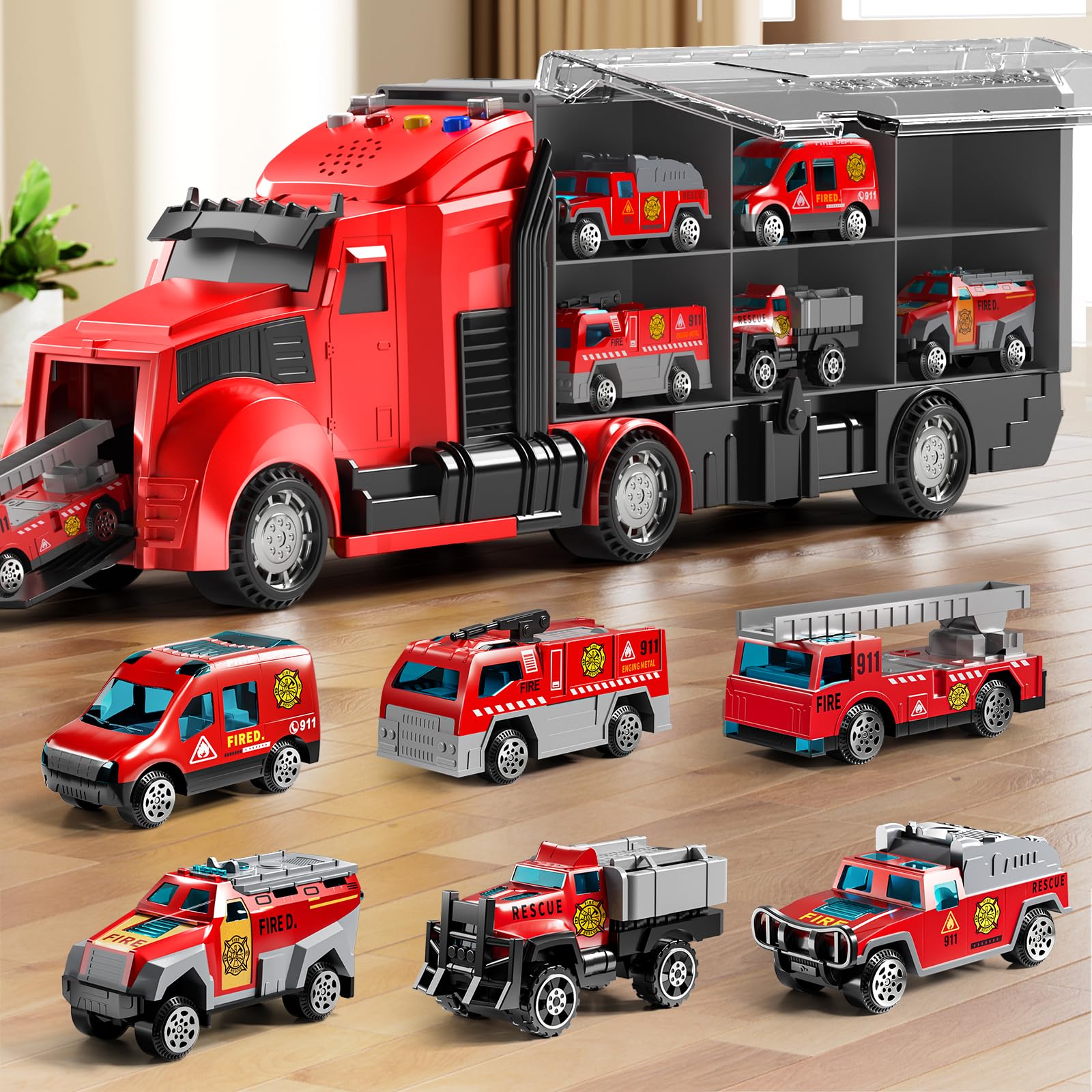 NIPLOOOW fire trucks set with play mat for imaginative play indoors