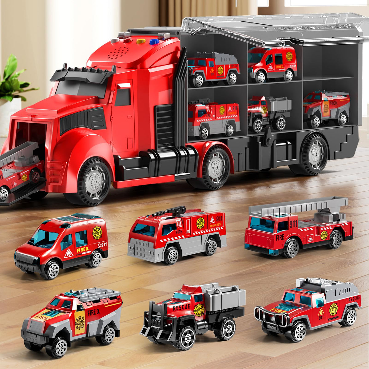 NIPLOOOW fire trucks set with play mat for imaginative play indoors