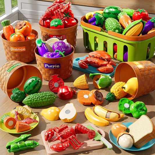 NIPLOOOW Play Food Set with fruits and vegetables for imaginative pretend meals.