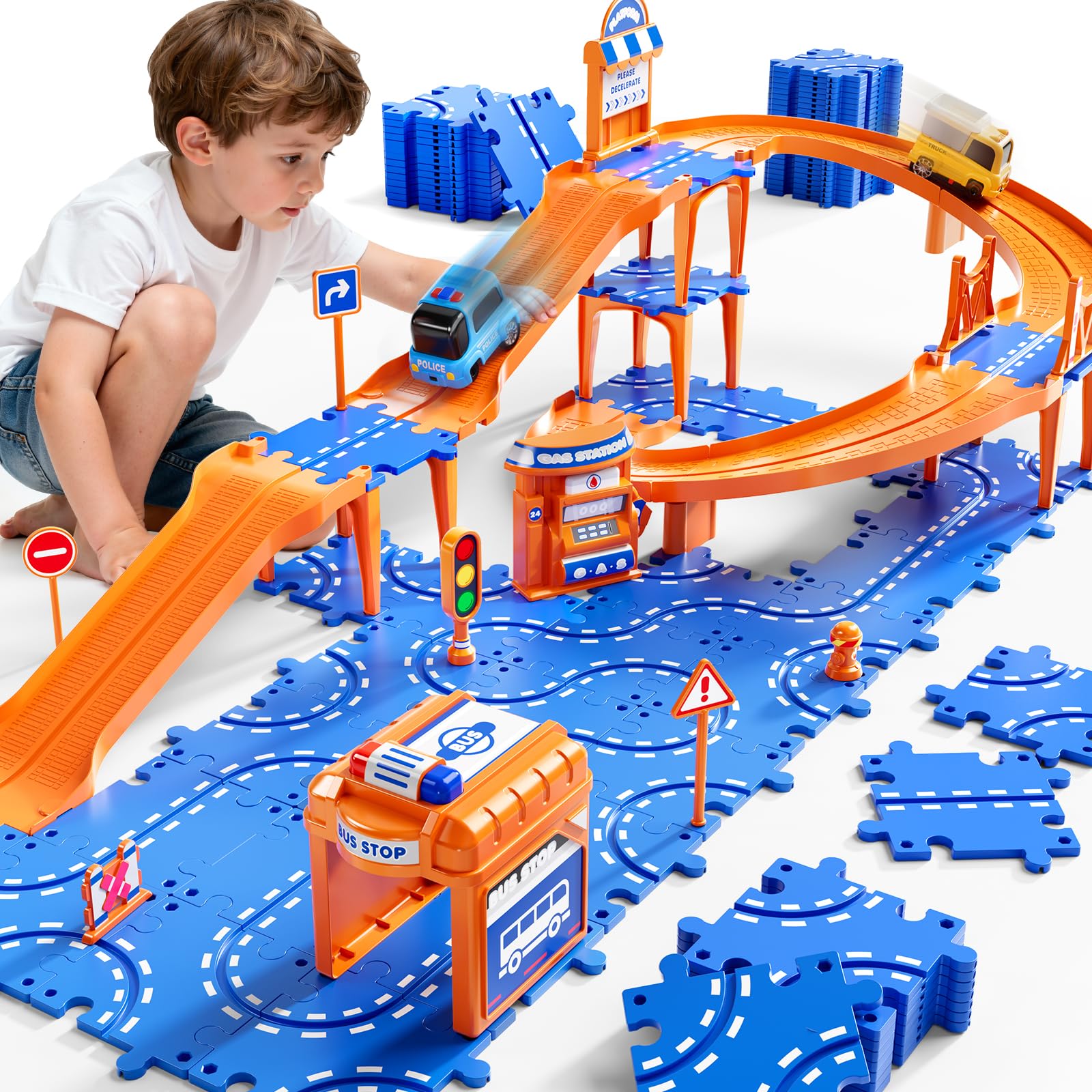 NIPLOOOW Puzzle Race Car Track with 57 pieces engages creativity and fine motor skills.