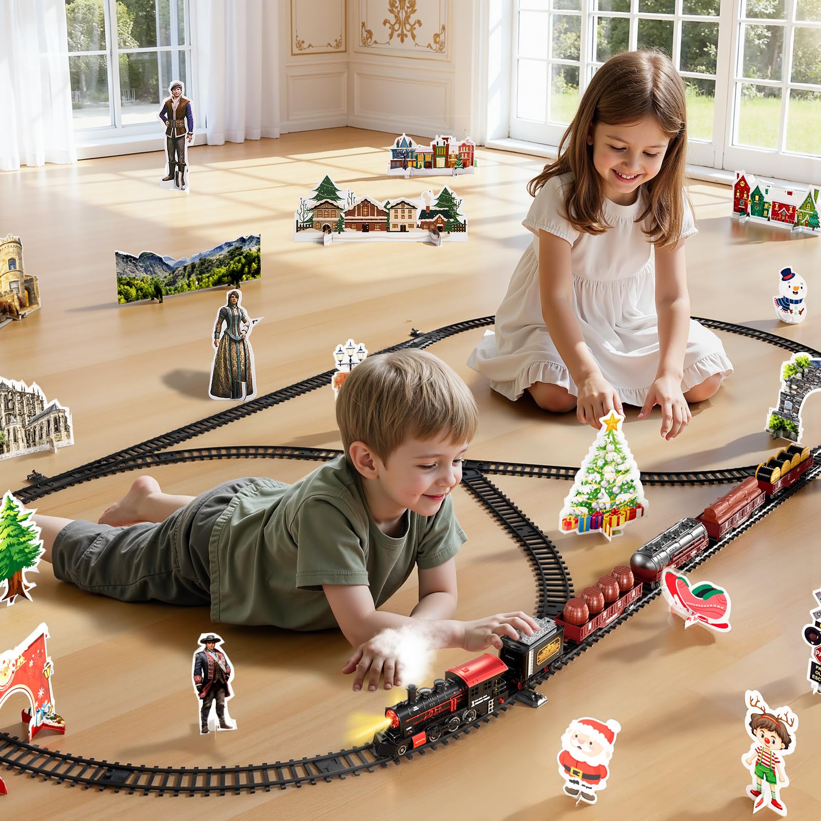 NIPLOOOW train set LED headlights illuminate tracks during play