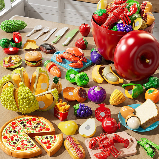 NIPLOOW play food set contents for colorful pretend kitchen play and color sorting