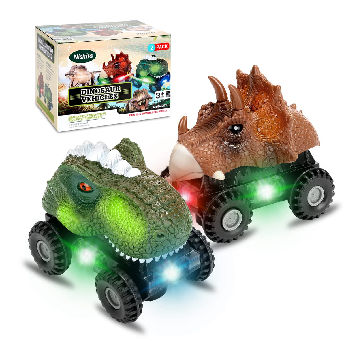 Niskite dinosaur car toy front view; 5-inch size for easy toddler grip.