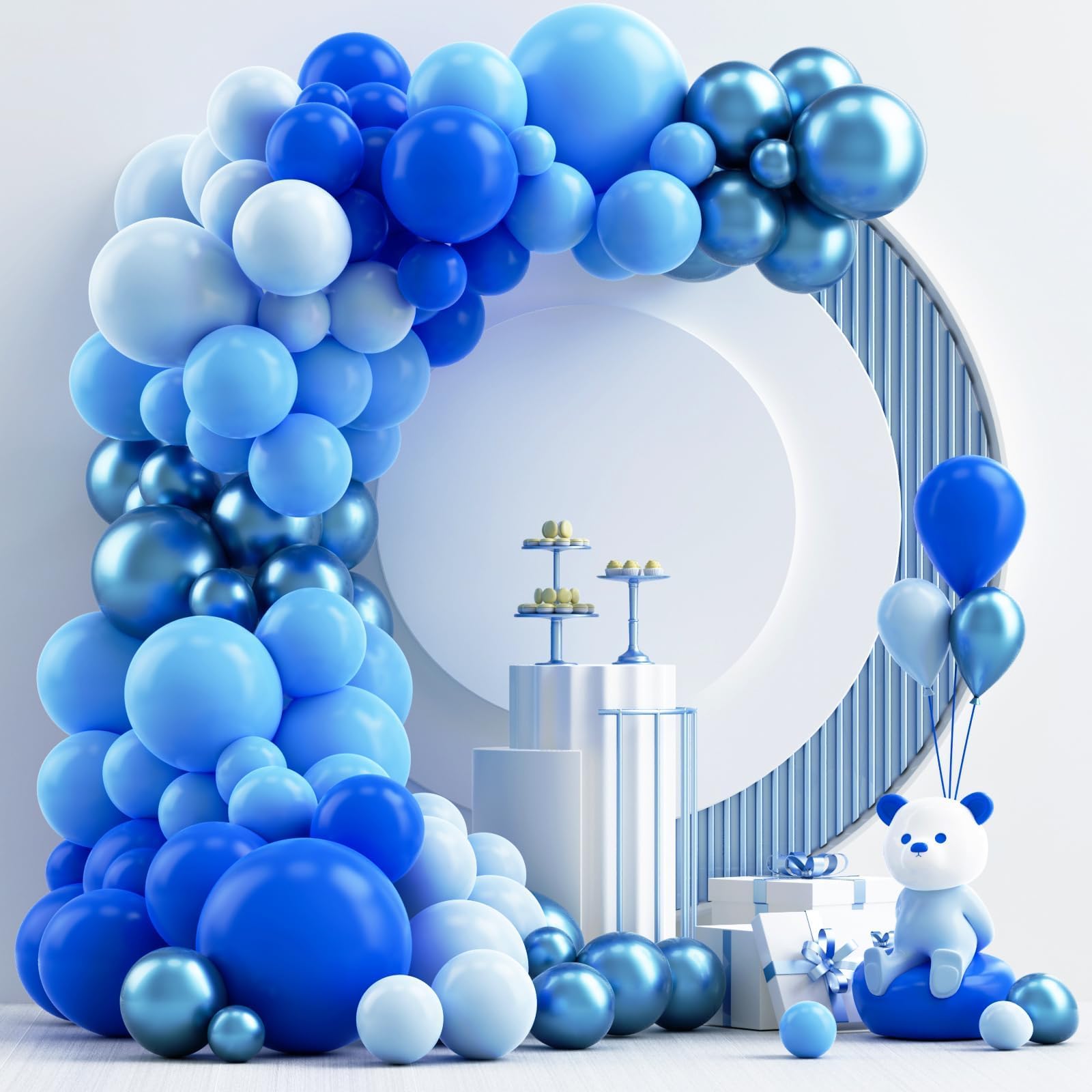 NISOCY 124Pcs Blue Balloons Arch Kit full set for a striking event backdrop.