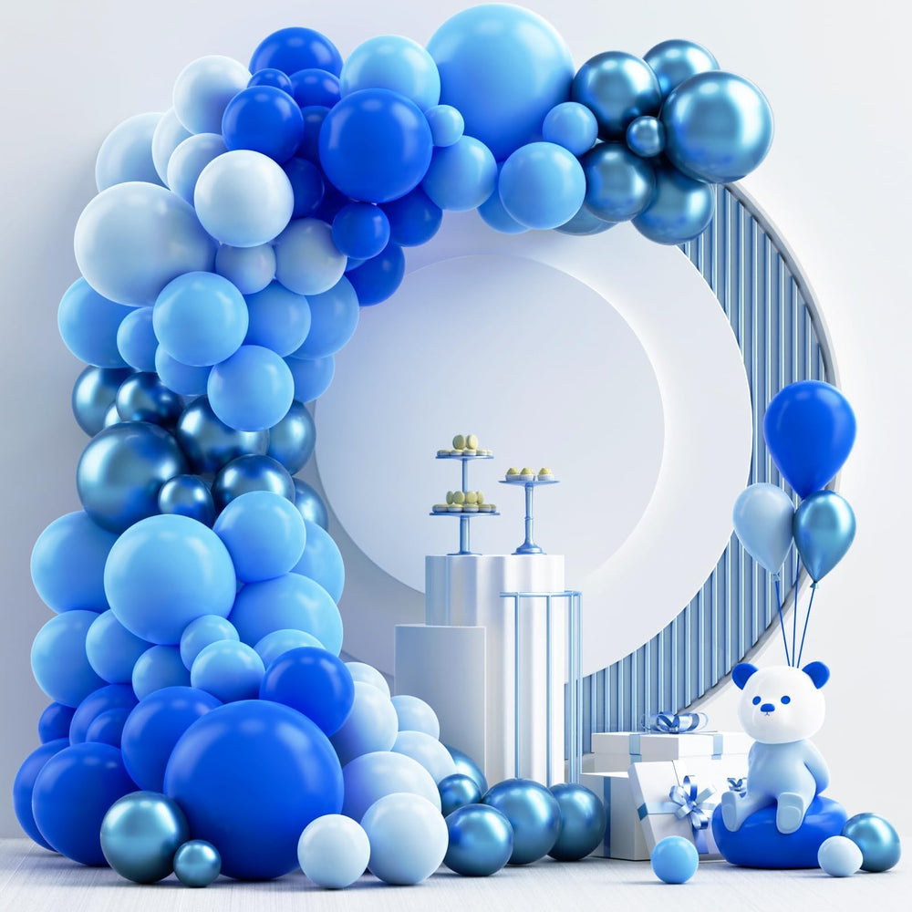 NISOCY 124Pcs Blue Balloons Arch Kit full set for a striking event backdrop.