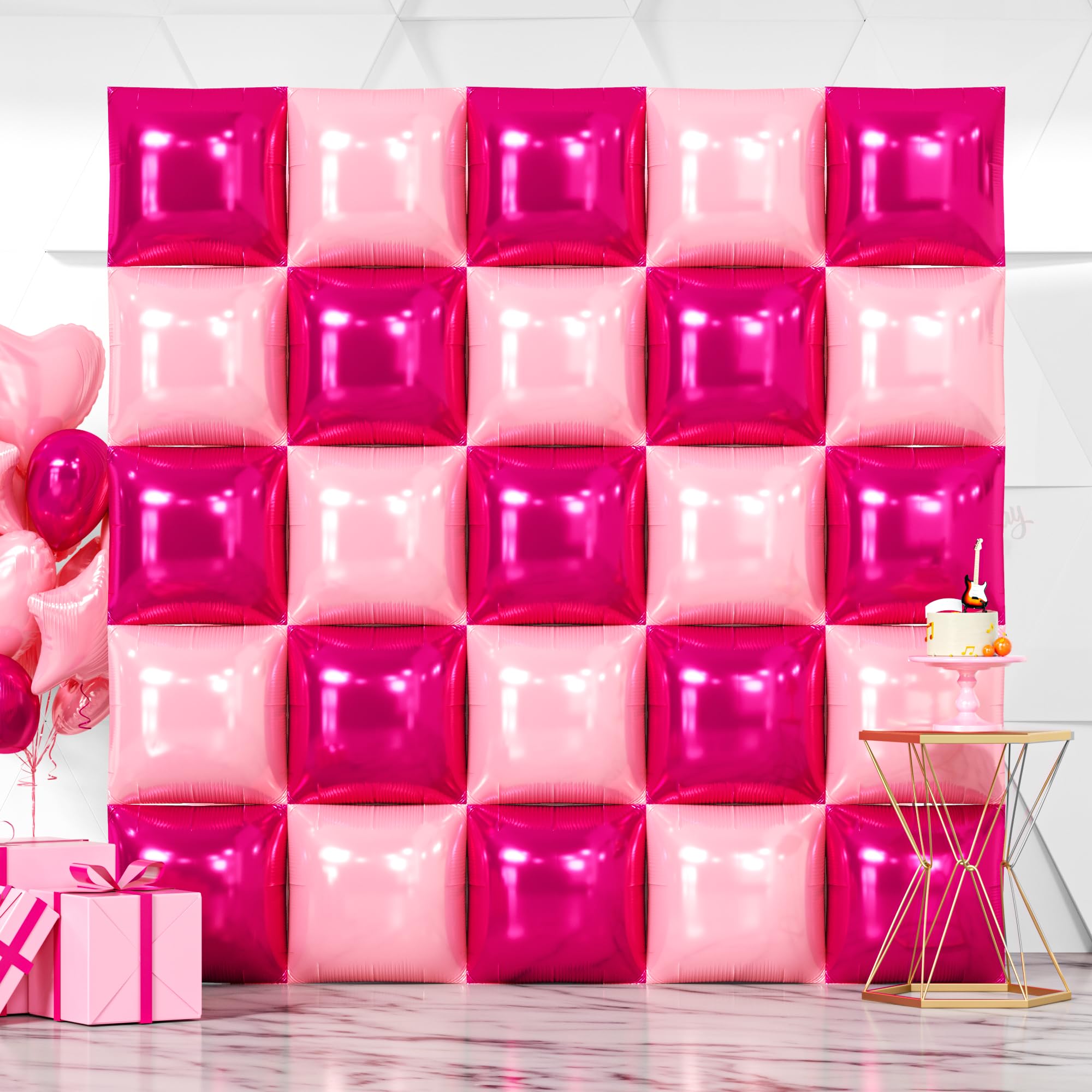 NISOCY 25-piece hot magenta square foil balloons wall backdrop, durable party decor.