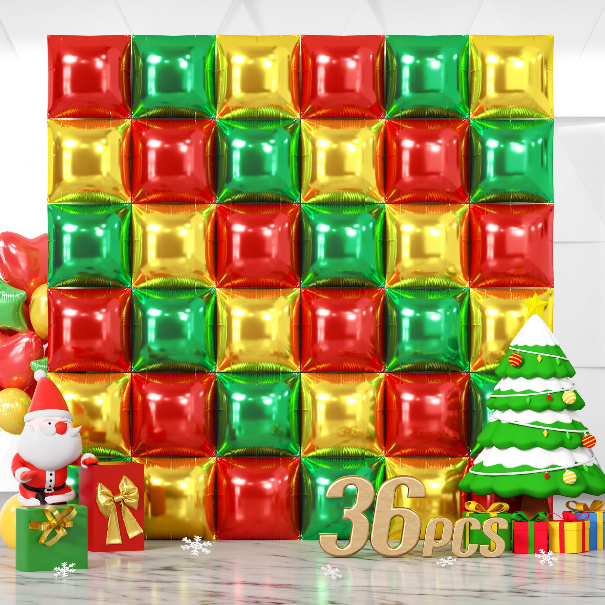 NISOCY 36-piece red-green-gold square foil balloons wall backdrop for festive décor