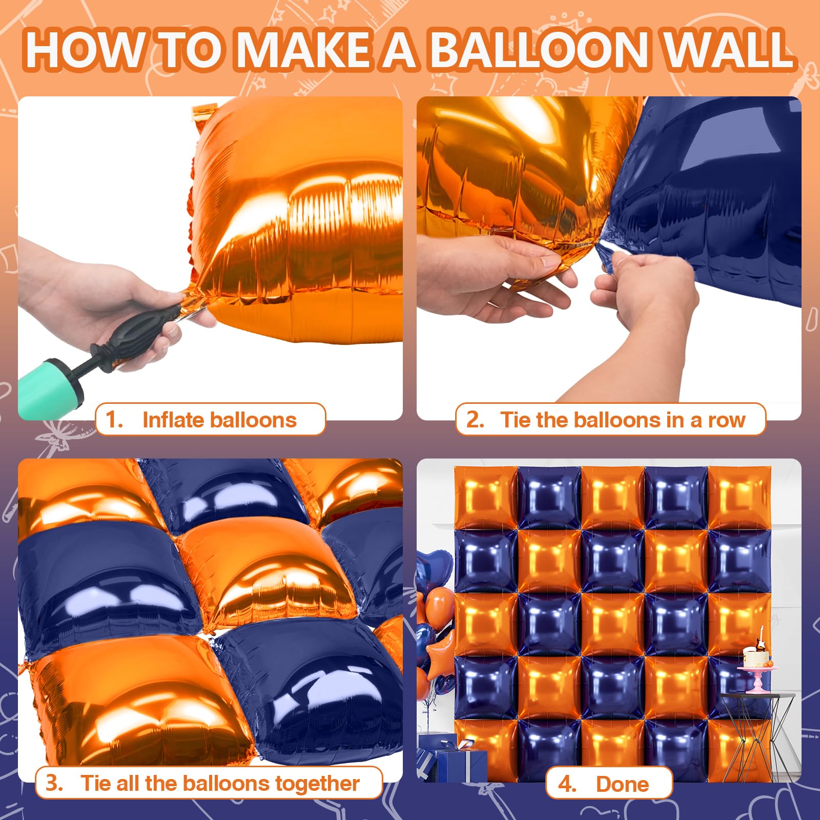 NISOCY orange and navy square foil balloons for multi-color decor