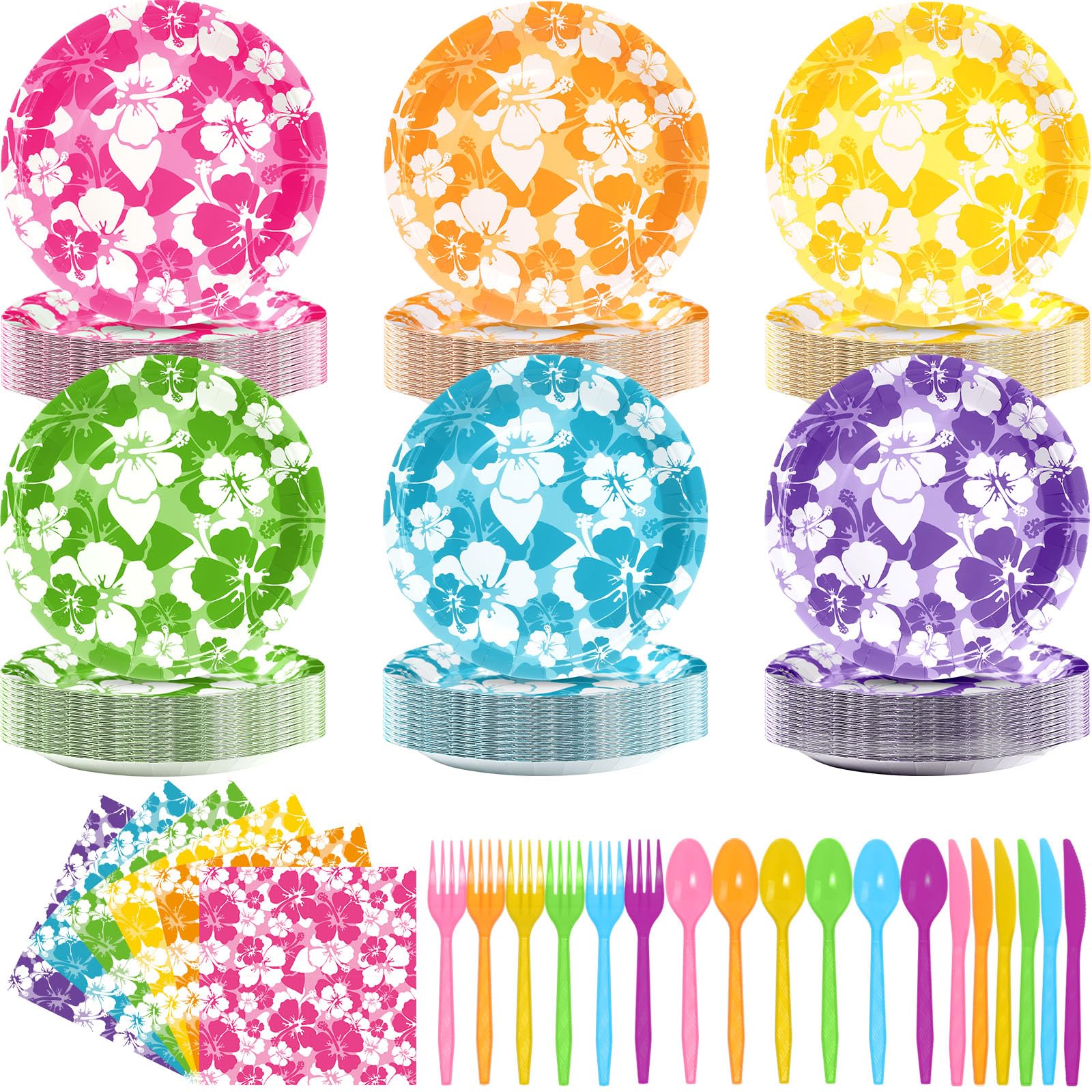 Ninitial hibiscus plates—9 inch, sturdy for tropical party servings