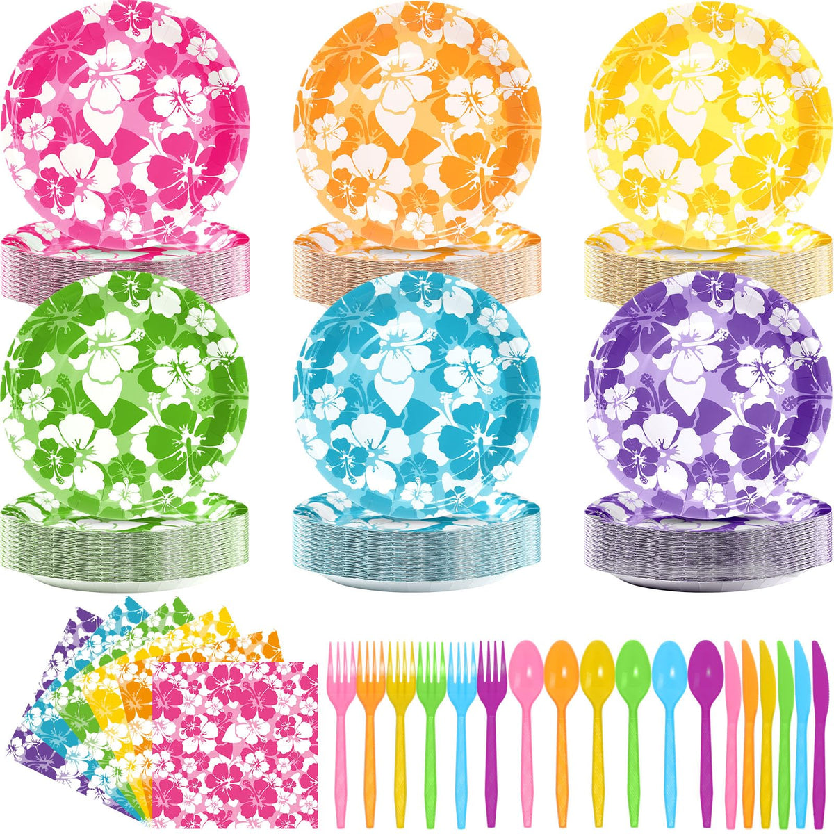 Ninitial hibiscus plates—9 inch, sturdy for tropical party servings