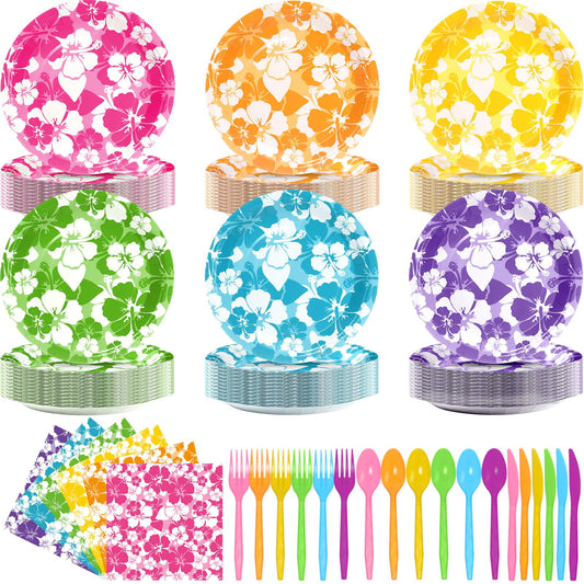 Ninitial hibiscus plates—9 inch, sturdy for tropical party servings