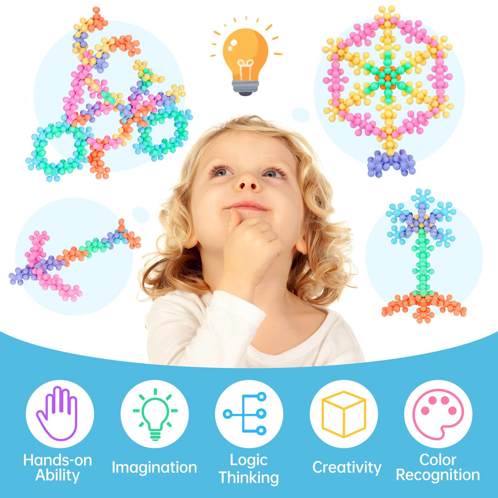 NiToy blocks forming flowers and animals illustrate versatile building possibilities.