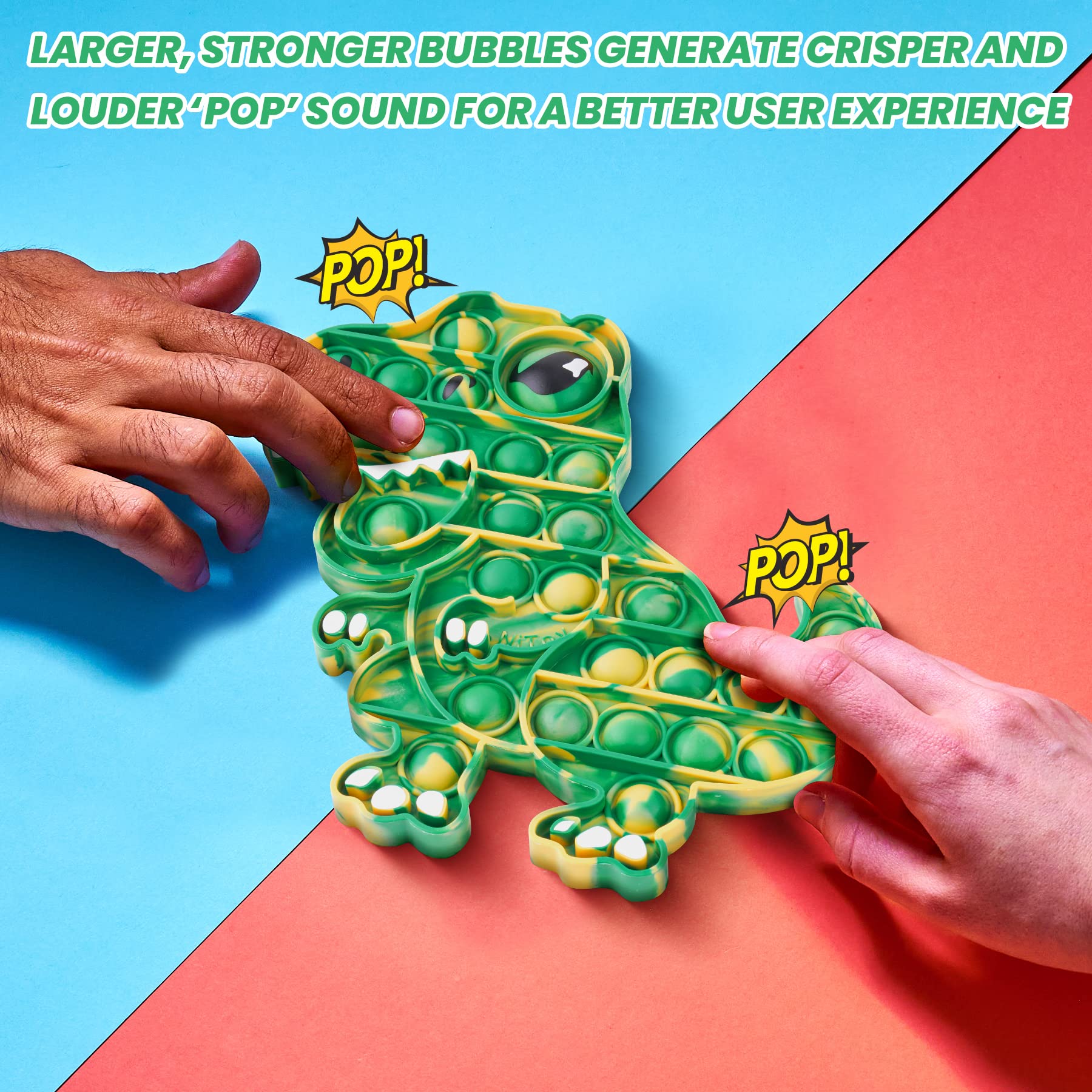 NiToy dinosaur push pop bubble toy side view, sensory feedback for focus.