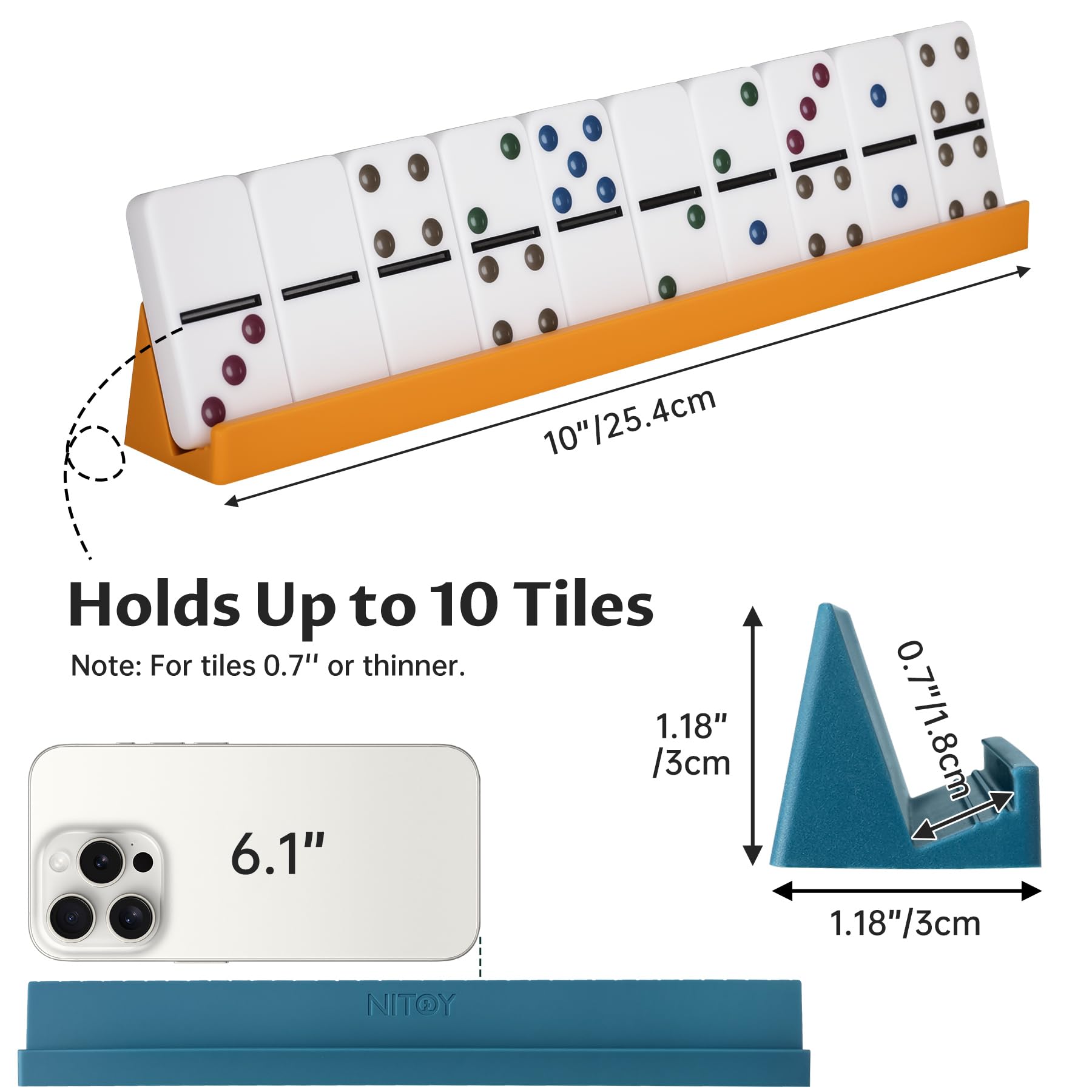 NiToy Mexican Train-compatible domino racks accommodate various domino sizes.