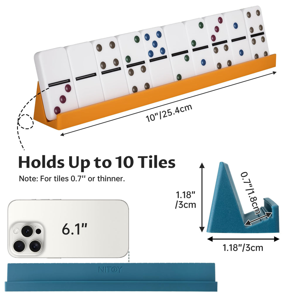 NiToy Mexican Train-compatible domino racks accommodate various domino sizes.