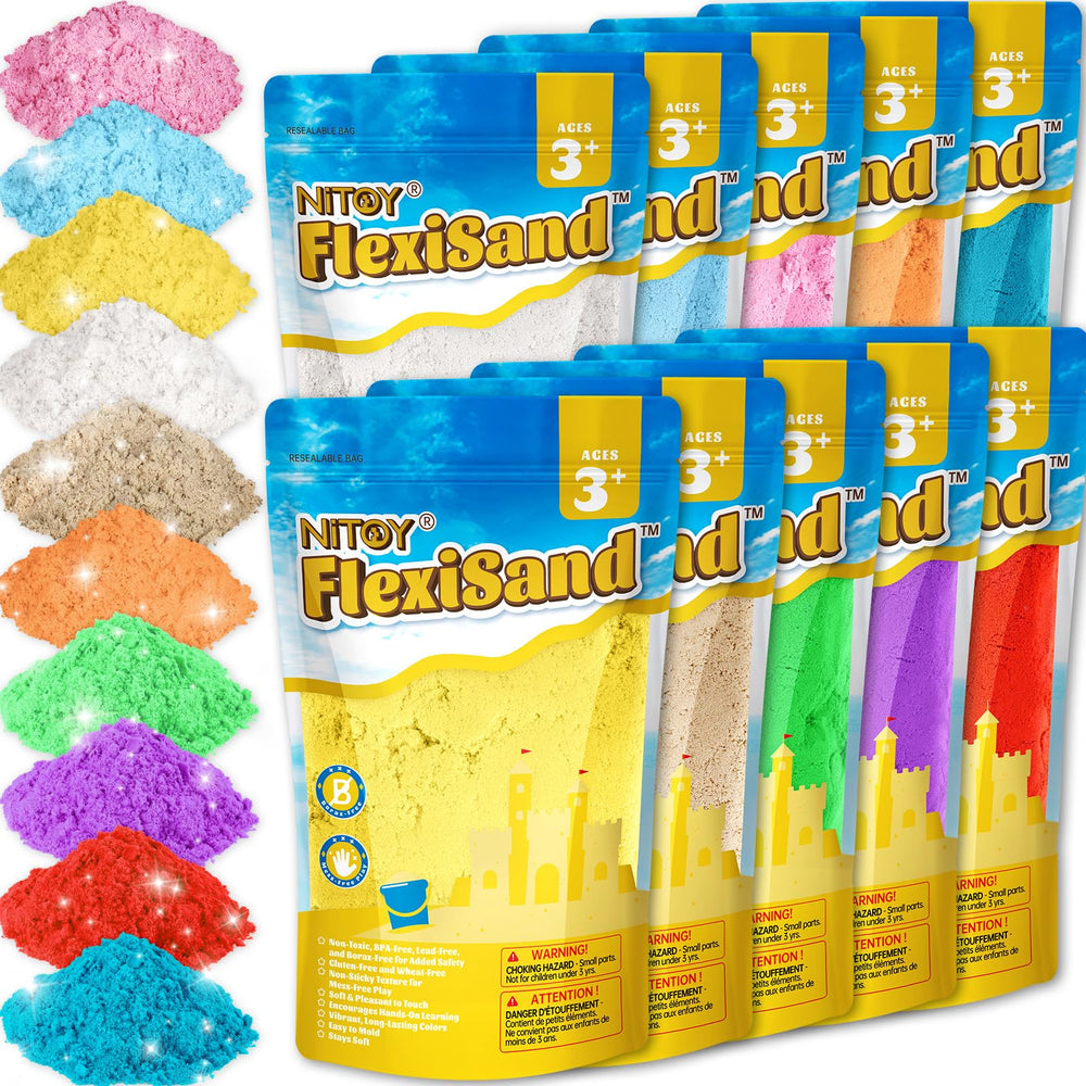 NiToy FlexiSand 10-color pack laid out for creative color mixing and play