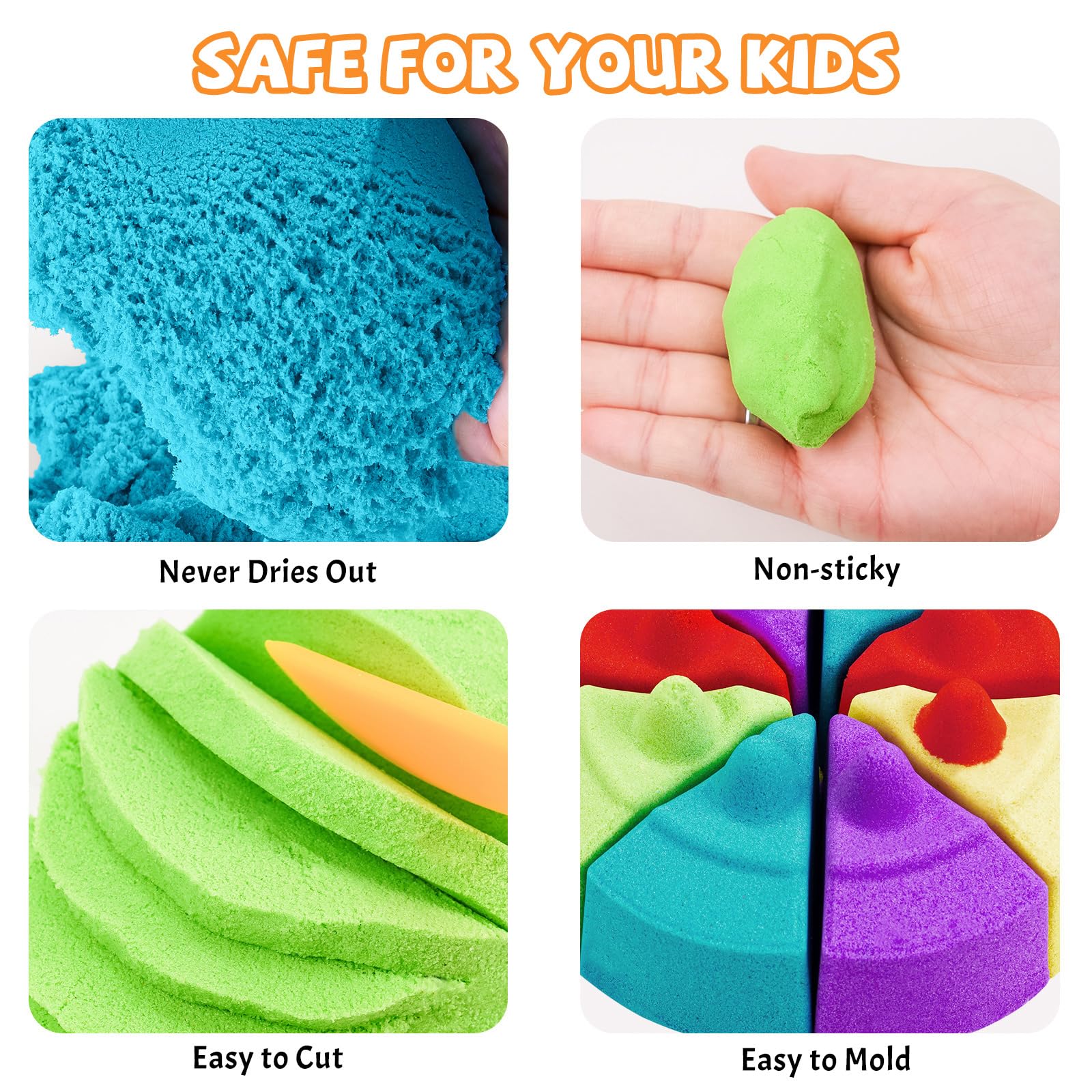 NiToy FlexiSand five-colors display shows red, yellow, blue, green, purple for themed scenes.