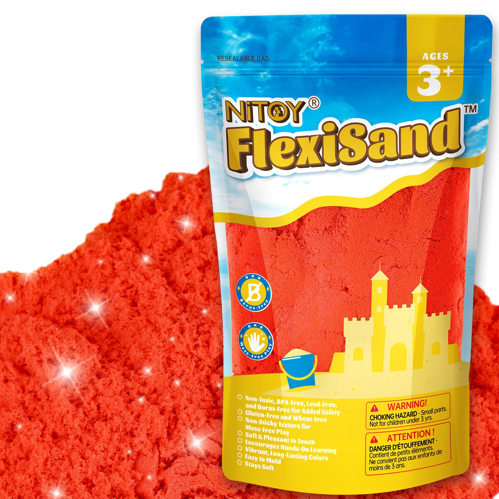 NiToy FlexiSand red packaging and bags show easy storage and mess-minimizing refills.