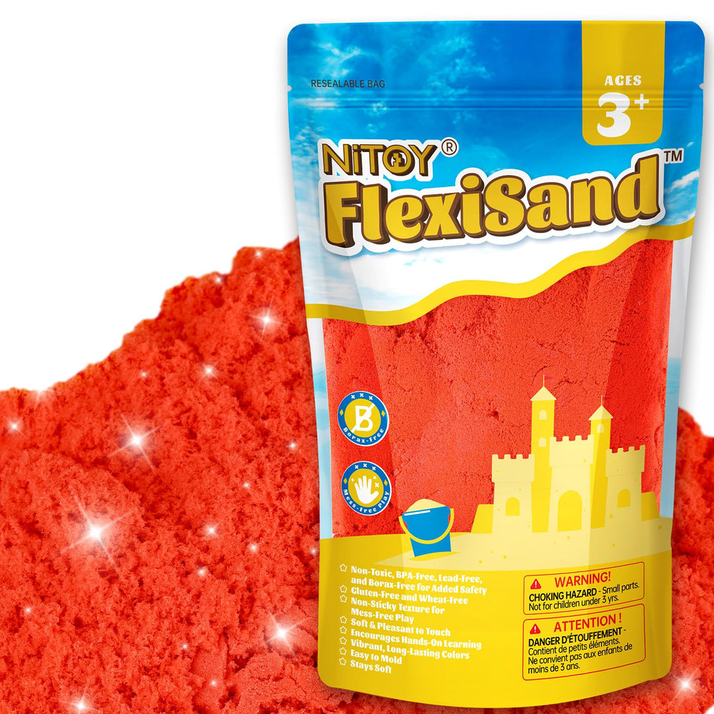 NiToy FlexiSand red packaging and bags show easy storage and mess-minimizing refills.