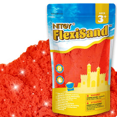 NiToy FlexiSand red packaging and bags show easy storage and mess-minimizing refills.