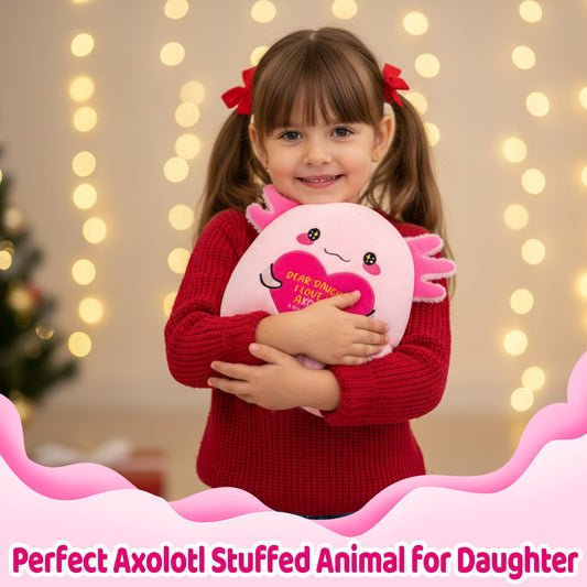 NIUBEHOHO axolotl plush showing DEAR DAUGHTER I LOVE YOU embroidery.