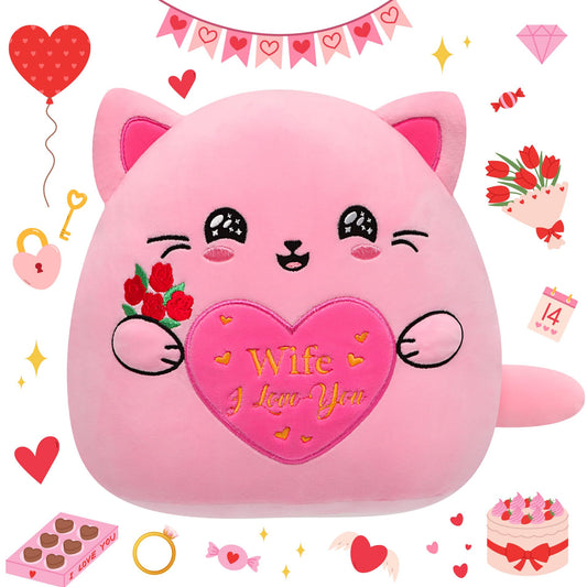 NIUBEHOHO cat plush with rose bouquet embroidery, a romantic gift for wife or girlfriend