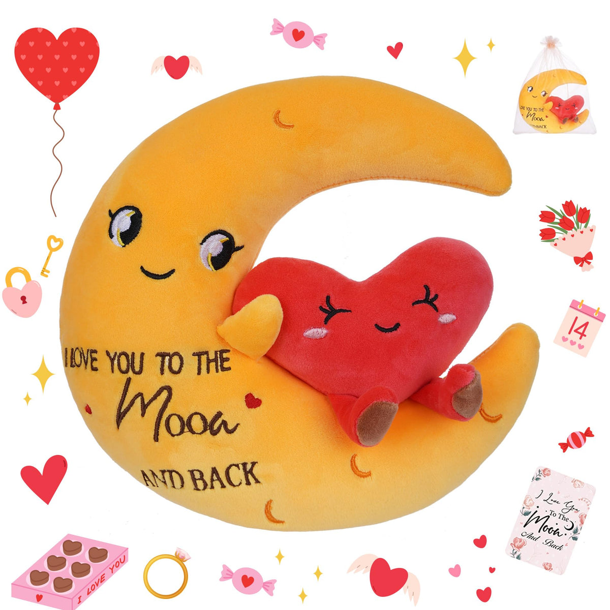NIUBEHOHO Moon Plush with Heart embrace—soft cuddle toy for kids and cozy decor.