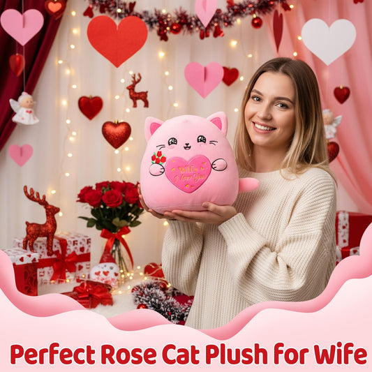 NIUBEHOHO pink cat plush close-up of embroidered rose and heart details