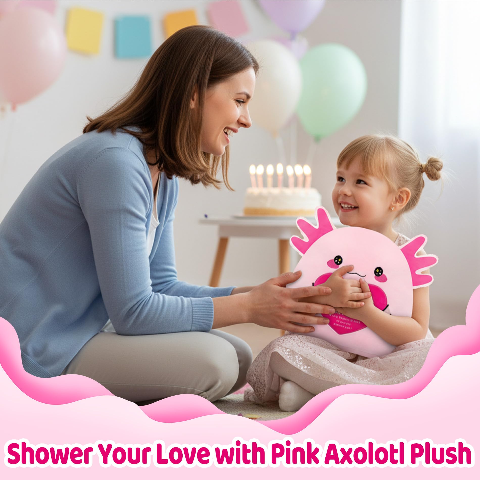 Valentine gift idea with NIUBEHOHO axolotl plush for daughters.