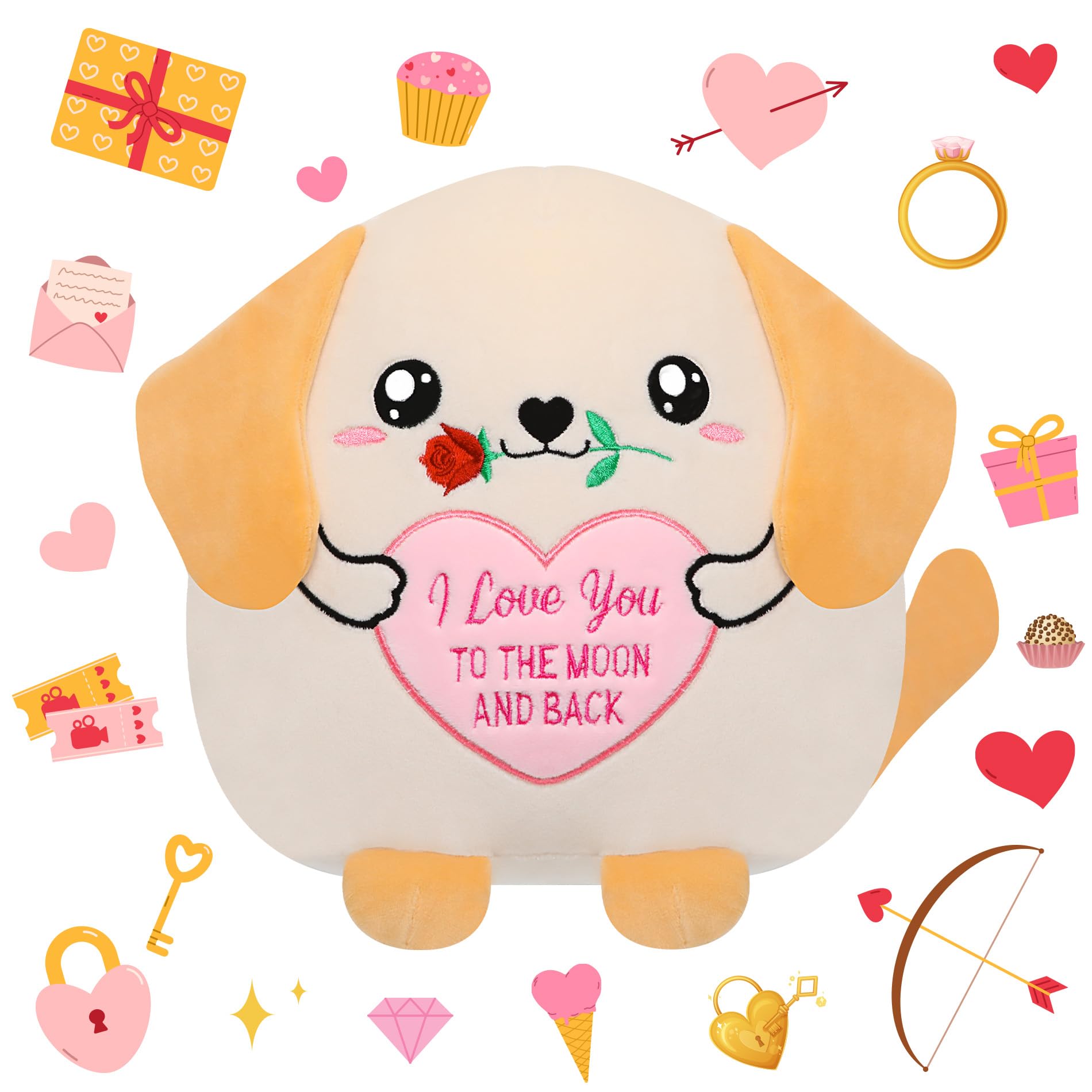 NIUBEHOHO Valentine pug plush with rose in mouth, a cozy cuddle companion.