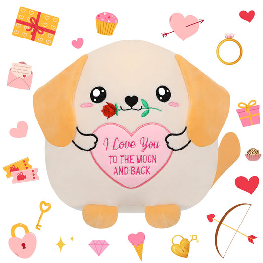 NIUBEHOHO Valentine pug plush with rose in mouth, a cozy cuddle companion.