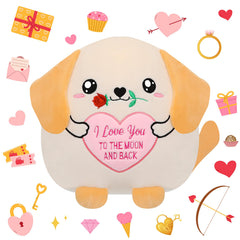 NIUBEHOHO Valentine pug plush with rose in mouth, a cozy cuddle companion.
