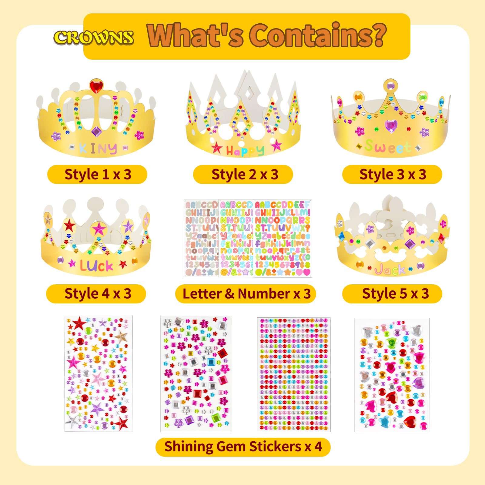 NIUBIER close-up of shiny gold cardstock crowns showing metallic sheen