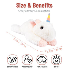 Kid hugging Niuniu Daddy unicorn weighted plush for comfort.