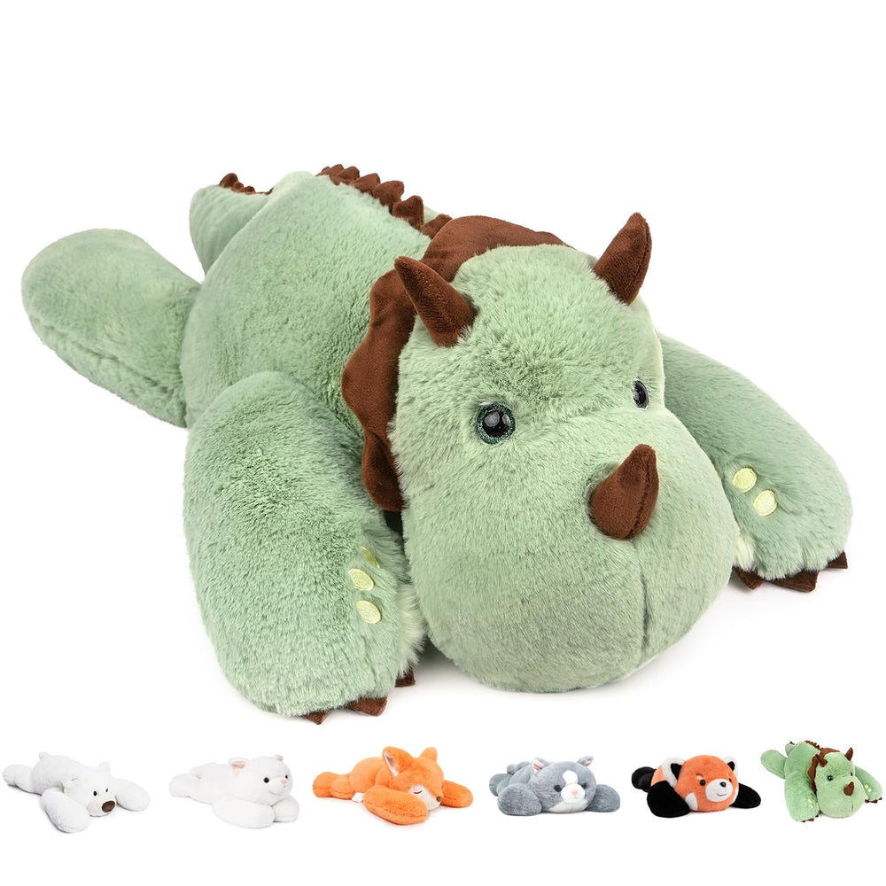 Niuniu Daddy 24in weighted green dinosaur plush face for comforting hugs.