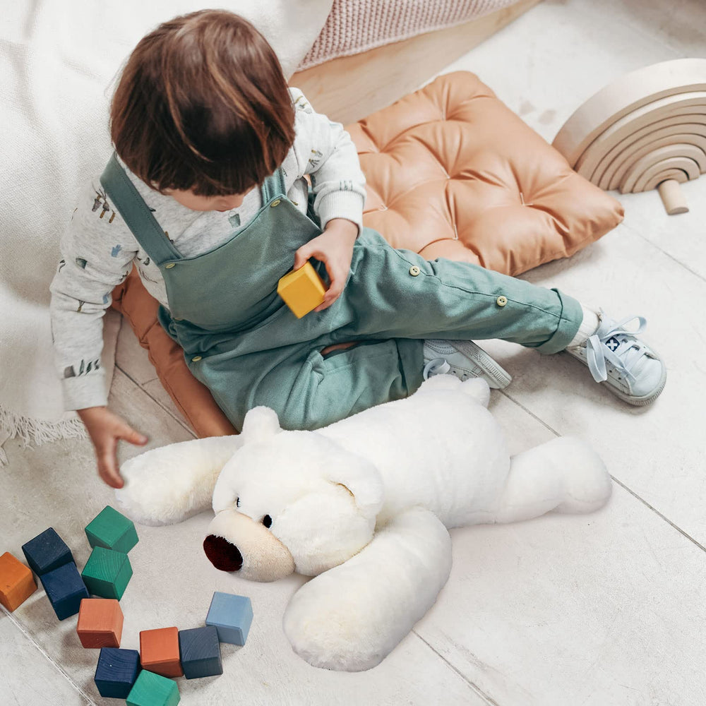 Niuniu Daddy polar bear weighted toy fur close-up shows soft fluffy texture for cozy hugs.