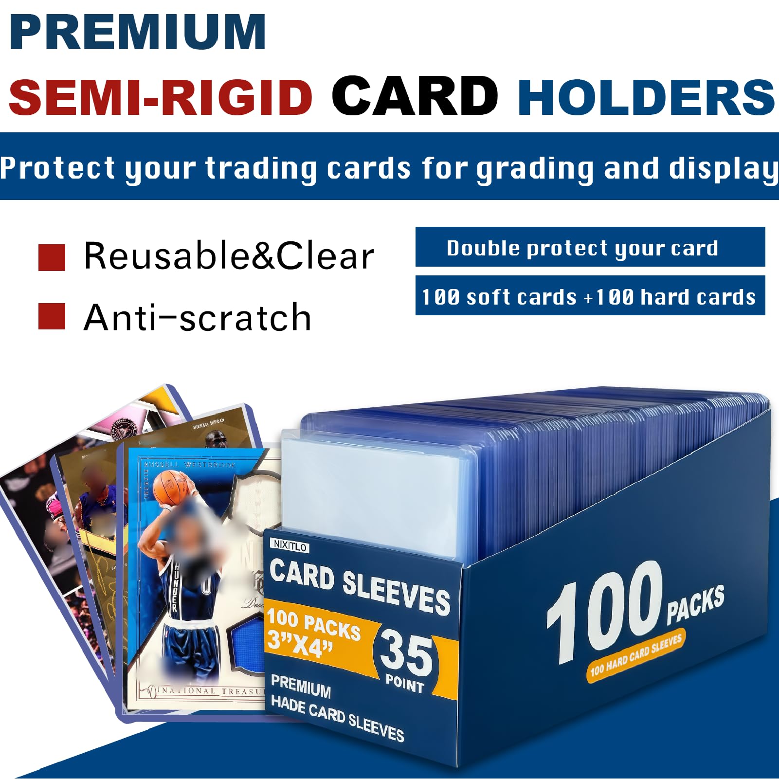 NIXITLO standard-size sleeves show 3x4 and 2.55x3.54 inch cards.