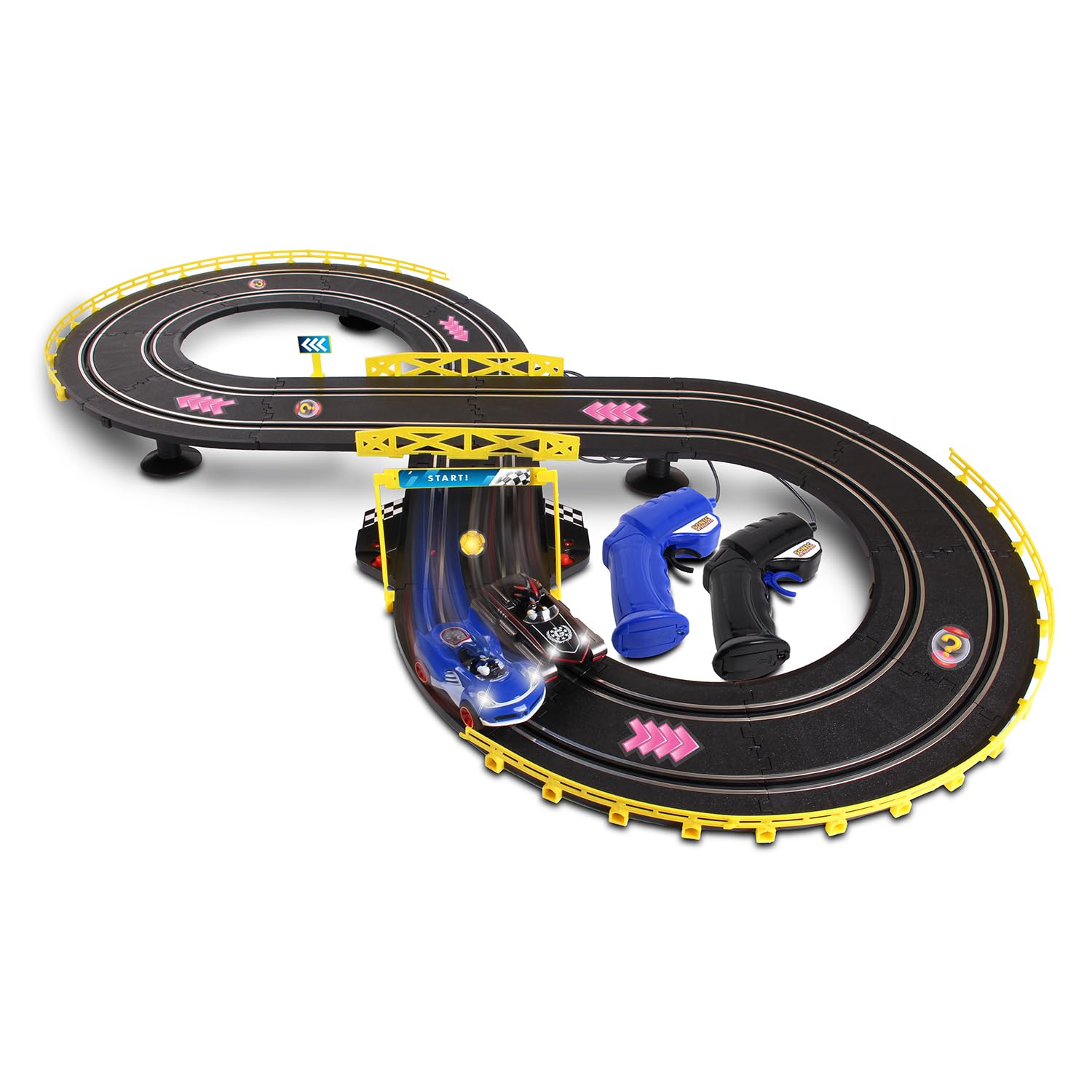 NKOK Sonic Shadow track figure-8 lights illuminate fast-paced family racing sessions.