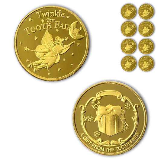 NLR FUN Tooth Fairy Coins front view, golden keepsake in hand