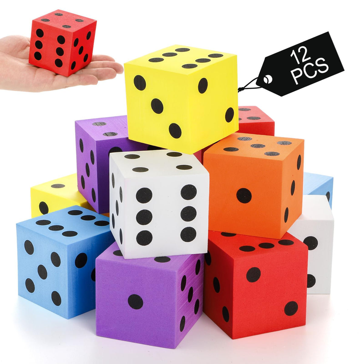 Noamus yellow foam dice for quick counting and color sorting.