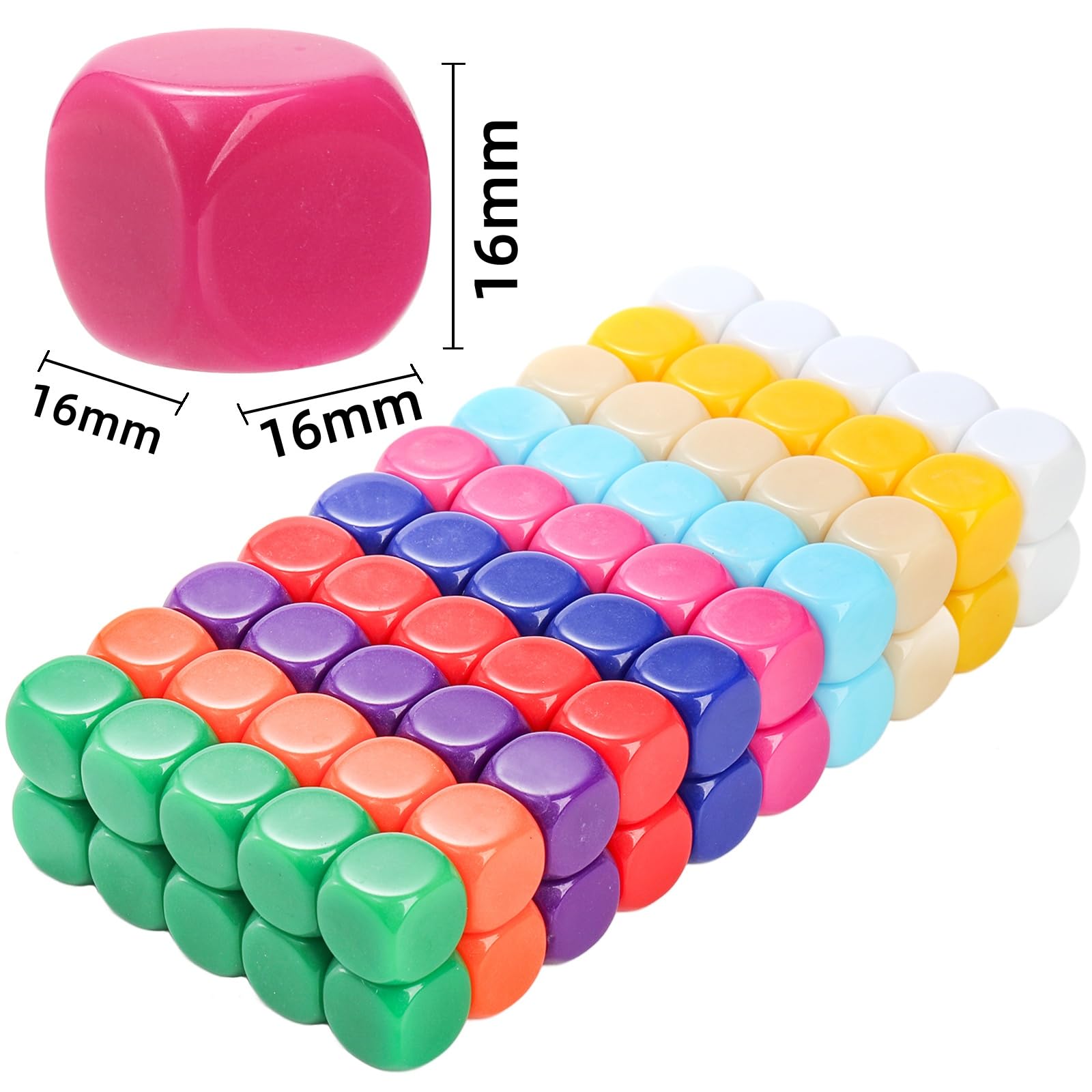 Noamus acrylic dice in 10 colors, front view, perfect for colorful art, games, and party favors.