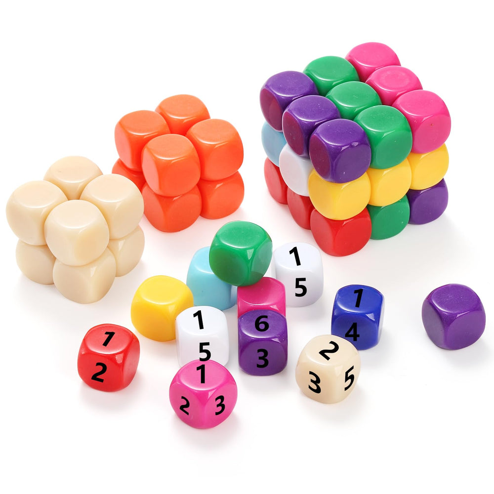 Noamus color dice set with vibrant hues, top-down view for color mixing and stickers.