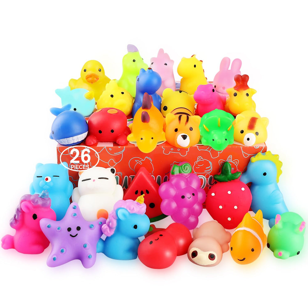 Nobasco squishies 26-pack packaging image, colorful mochi toys for party favors and gifts.